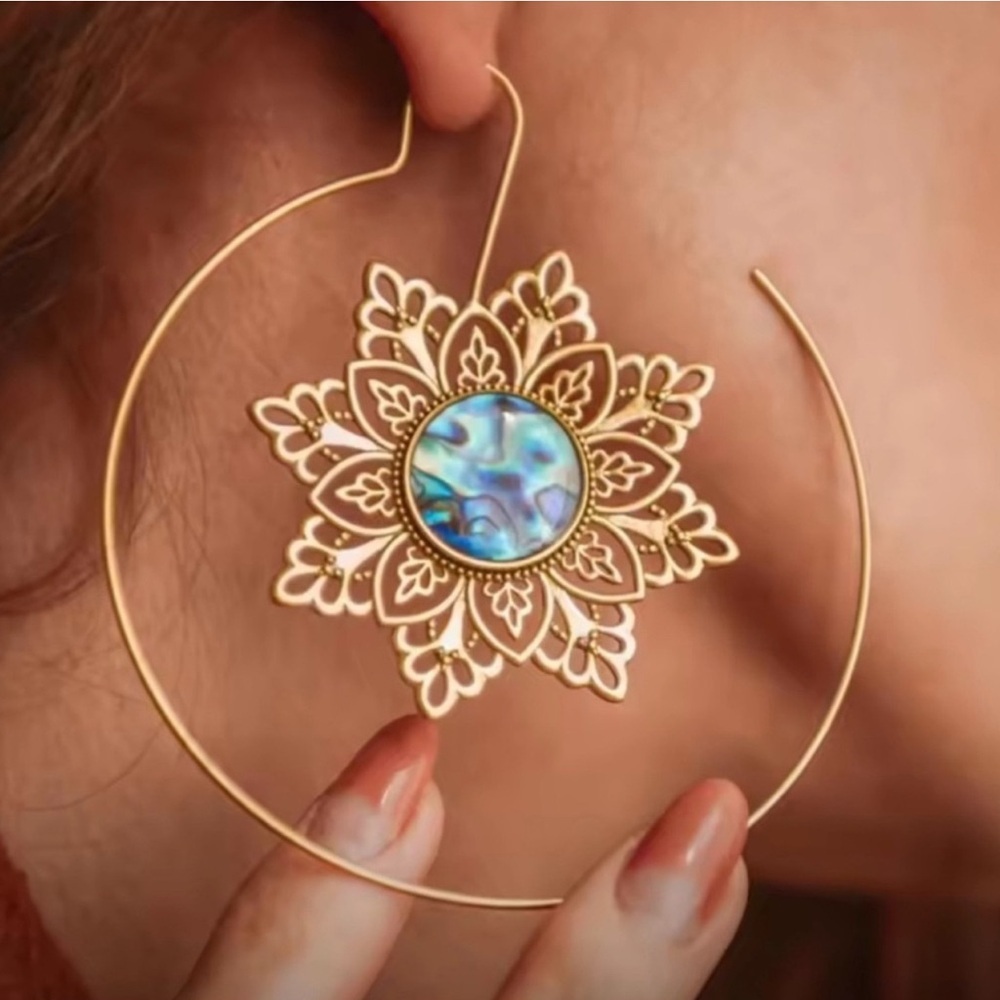 Gold and Blue Floral Hoop Earrings